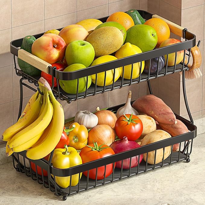 🍌 2-Tier Fruit Basket with Banana Hanger, Detachable Metal Bowl | Large Kitchen Counter Organizer for Fruits, Veggies & Snacks