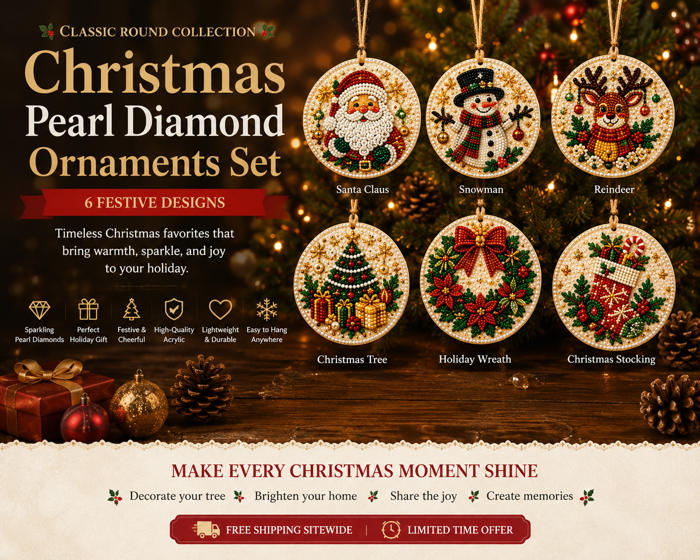 Christmas Pearl Diamond Suncatcher Ornaments – 6-Piece Set