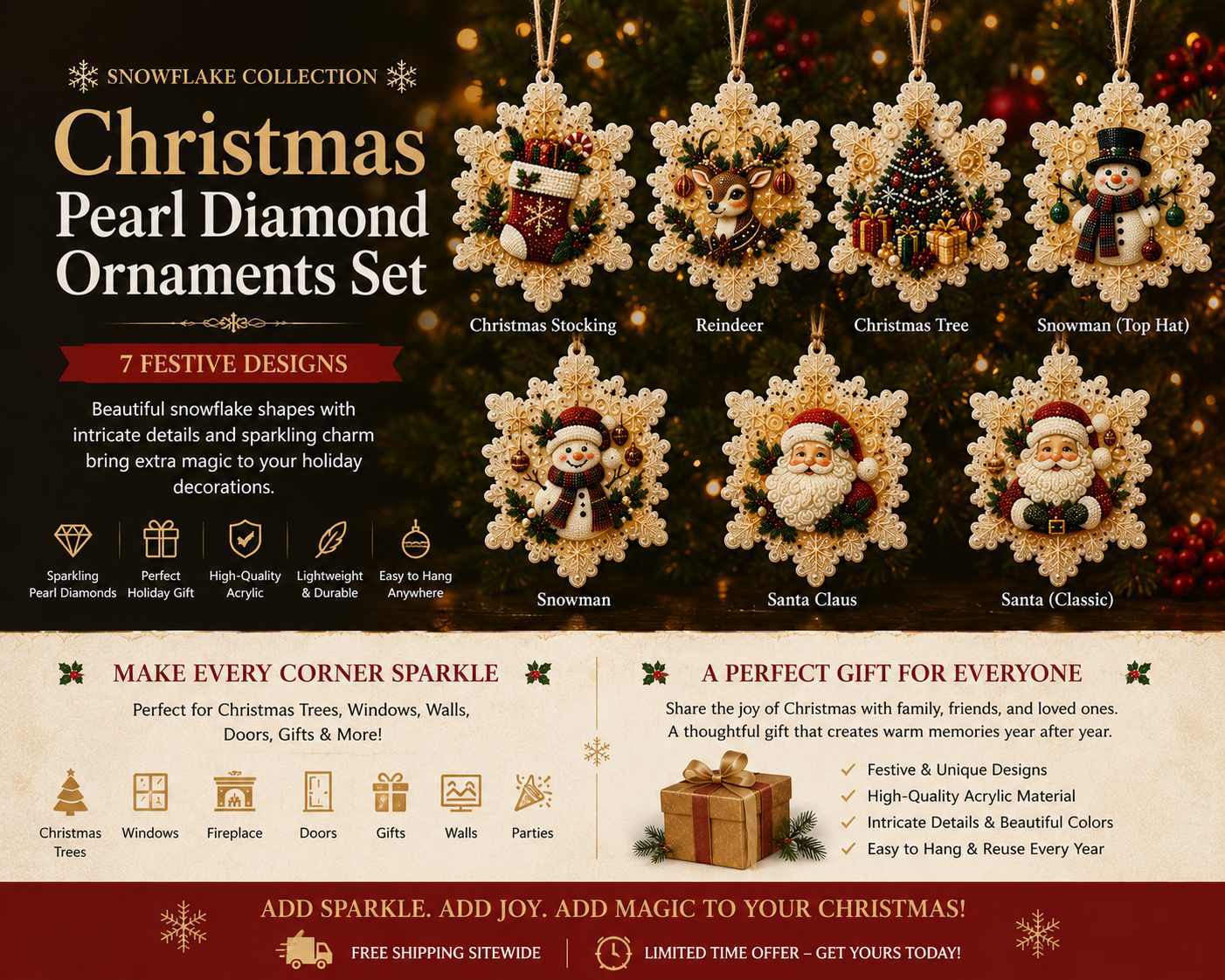 Christmas Pearl Diamond Suncatcher Ornaments – 6-Piece Set