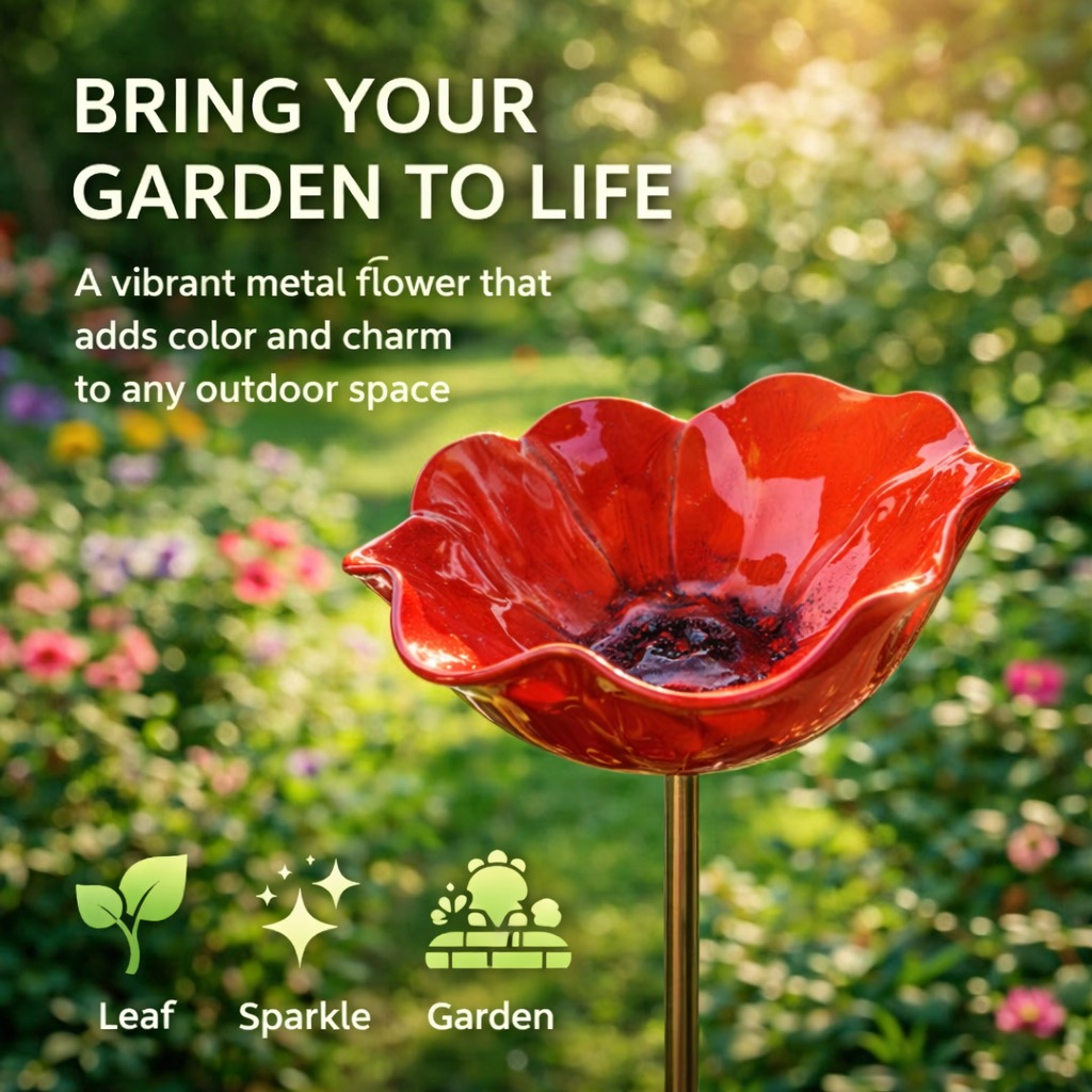 Handmade Metal Flower Bird Bath & Pollinator Water Station