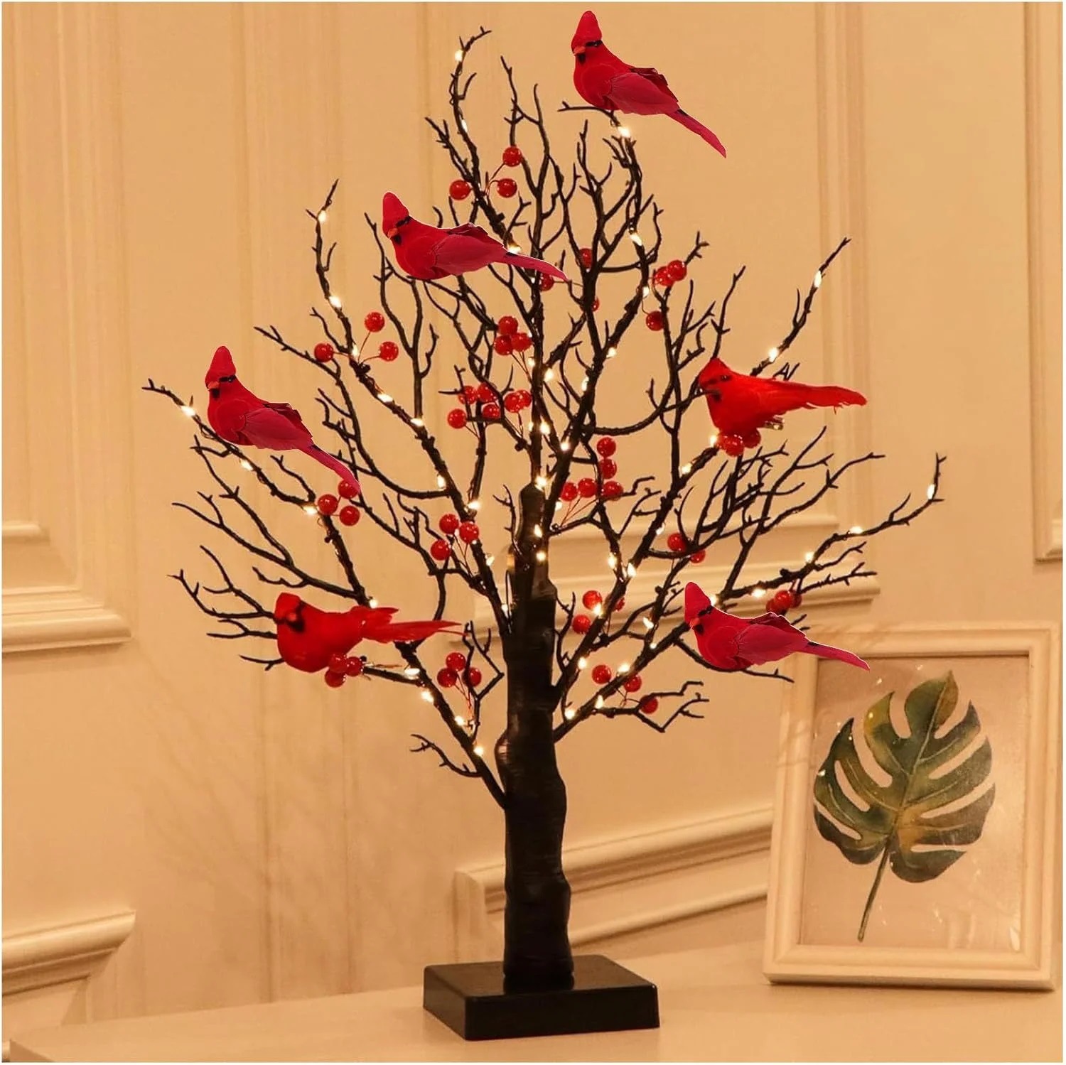 🎄Christmas Cardinal Berry Tree – Warm LED Lighted Holiday Decor🎁