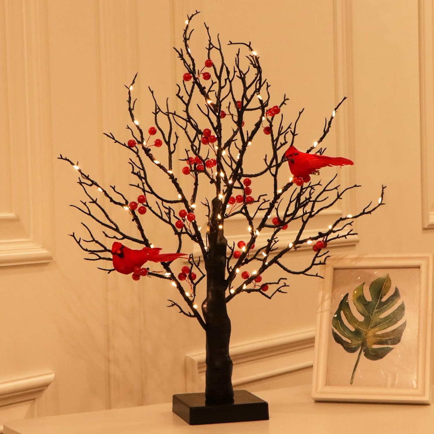 🎄Christmas Cardinal Berry Tree – Warm LED Lighted Holiday Decor🎁