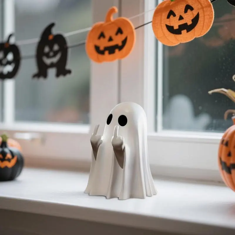Halloween Ghost Figurine - Plastic Spooky Middle Finger Ghost Decor Cute & Edgy Indoor Outdoor Halloween Decor for Porch & Home