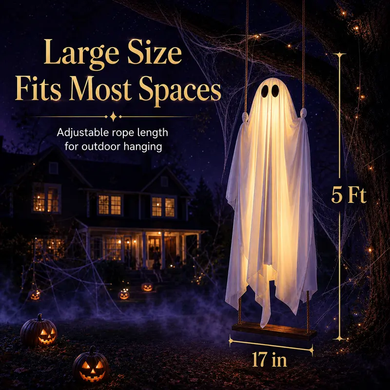 Halloween Decorations Outdoor - 5FT Large Hanging Ghost Swing with Remote Control String Lights, Scary Ghost Halloween Party Decor Outside for Tree Porch Yard Garden Lawn Ornaments halloween spooky decor