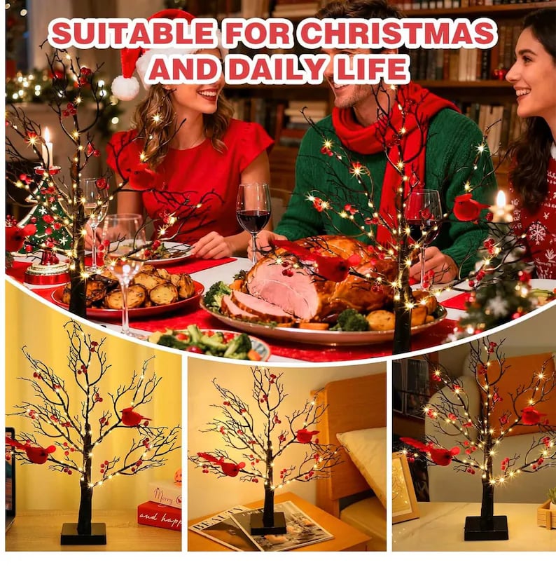 May include: Decorative black tree with red berries and red bird ornaments, illuminated by small white lights. The tree is displayed on a black base. The image includes the text "SUITABLE FOR CHRISTMAS AND DAILY LIFE".