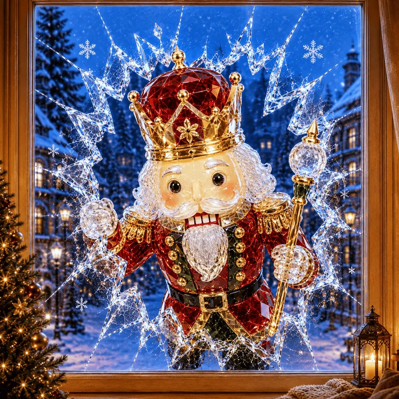 Crystal Christmas Break-In Window Decal — 3D Shattered-Glass Holiday Window Decoration