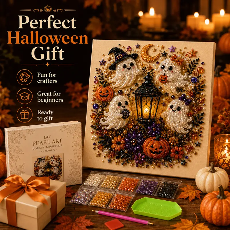 Small Size No light Spooky Cute Ghost 8inx8in Themed Pearl 3D Diamond Painting DIY Kit, Multipurpose Fall Season Handicraft Set, Beautiful Wall Art Furnishing Accessory for Household Indoor Decoration & Holiday Party Present