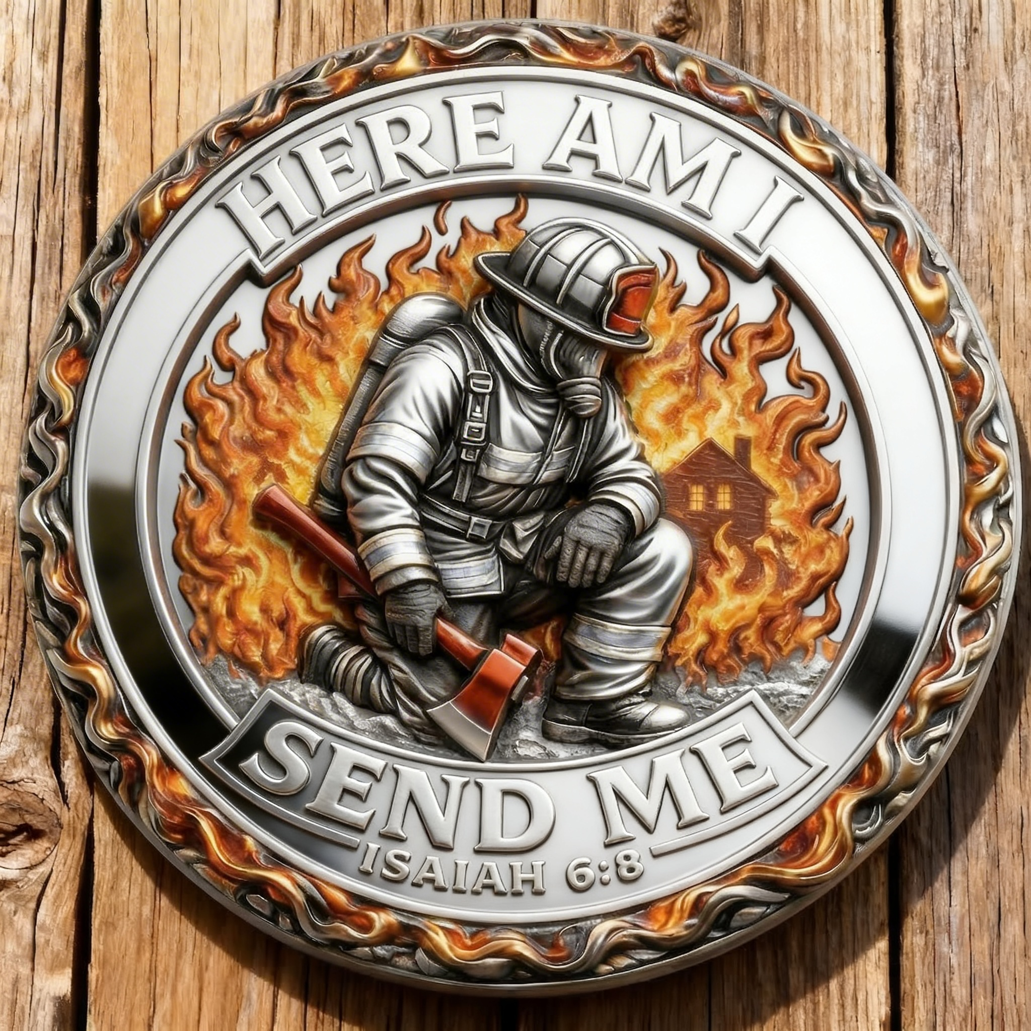 🔥HERE AM I – FIRST IN, LAST OUT Firefighter Challenge Coin