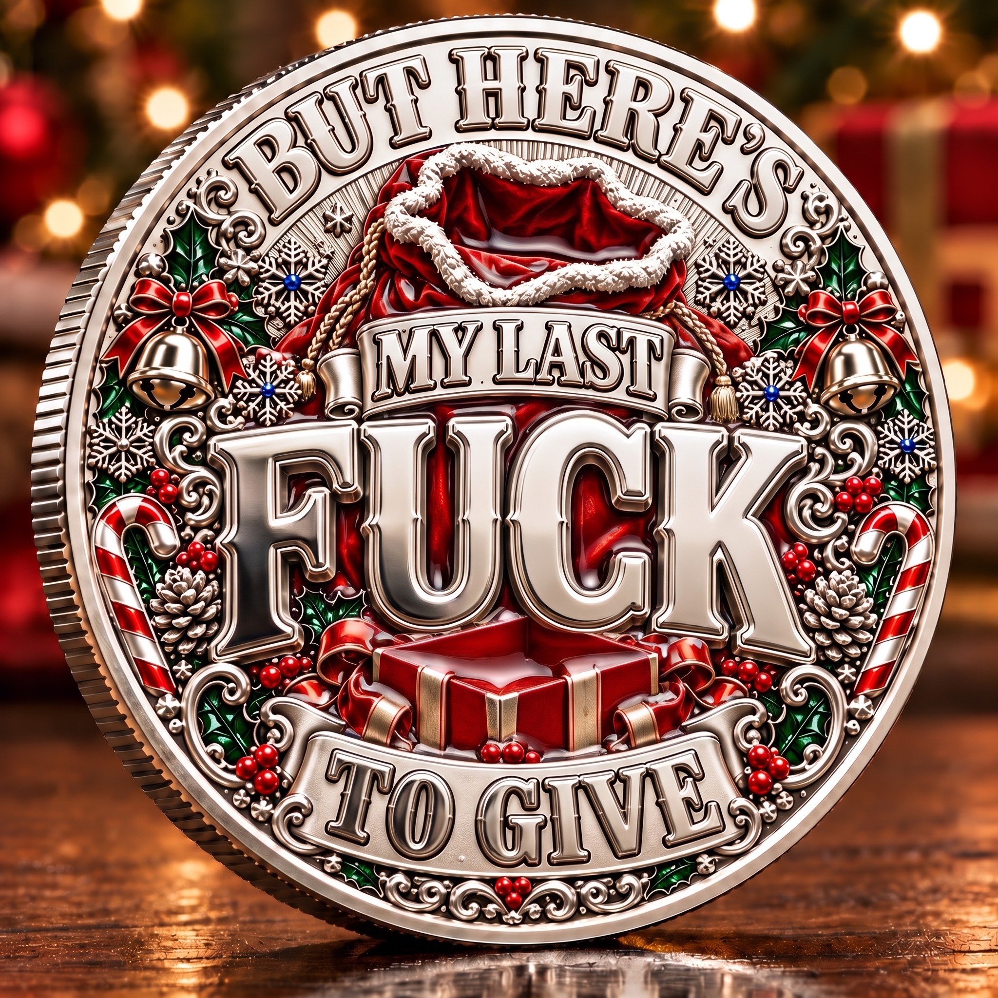 Reverse of the same coin with a red Santa sack and But Here’s My Last Fuck to Give lettering