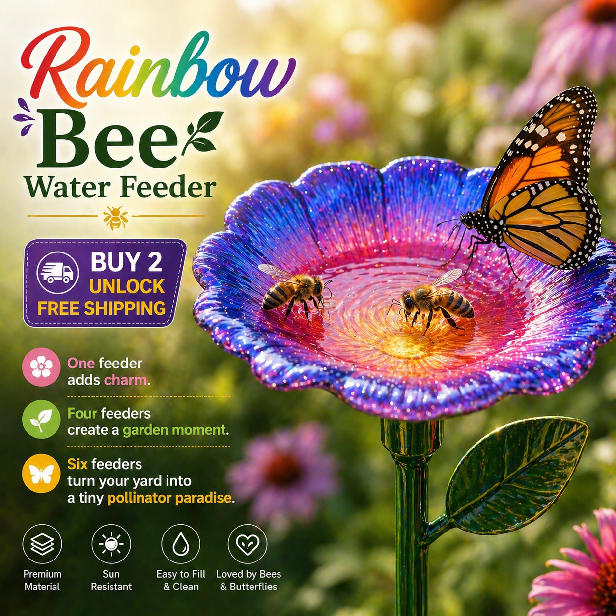 Turn Your Yard Into a Pollinator Paradise - Rainbow Bee Watering Flowers