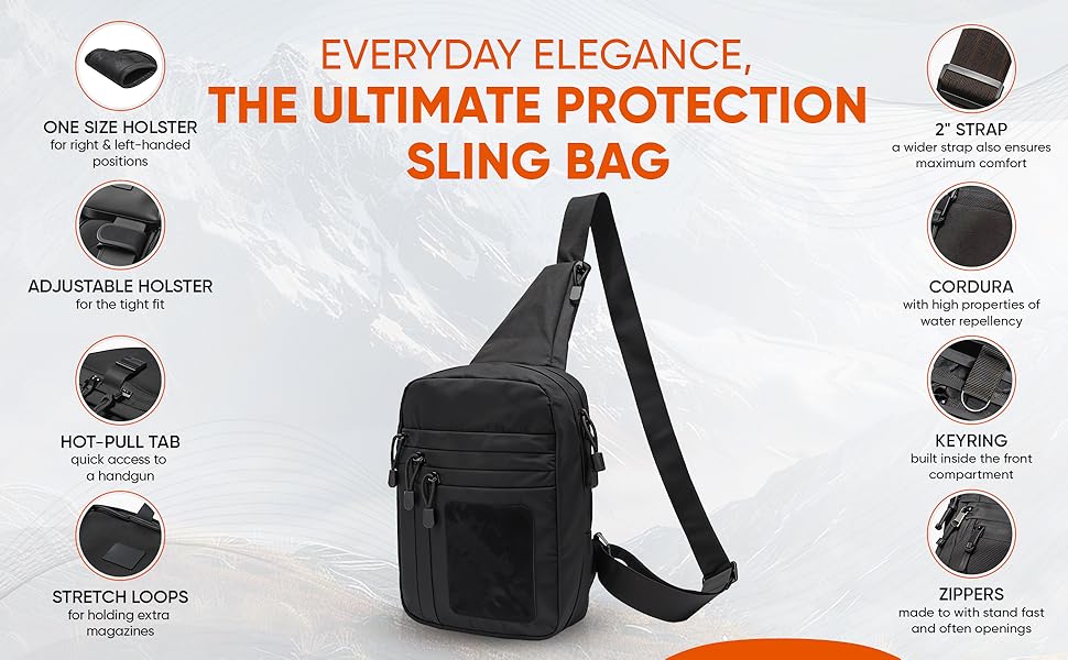 Raptor Sling Bag features, Tactical sling bag, Adjustable holster, Water-resistant bag