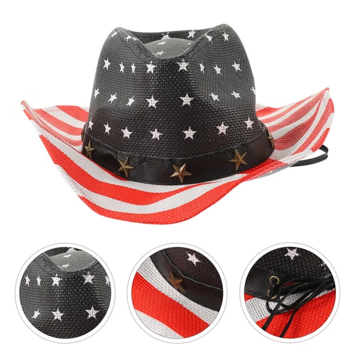 American Flag Hat Women Summer Straw Cowgirl Hat Western Cowboy Hat - Picture 9 of 12