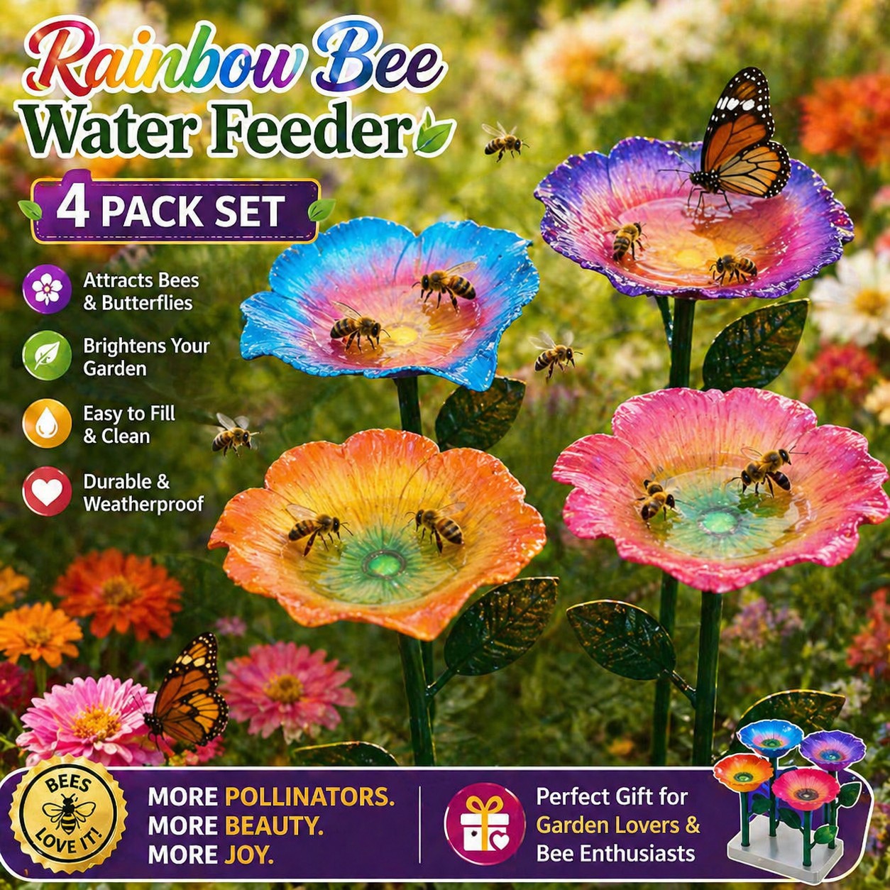Turn Your Yard Into a Pollinator Paradise - Rainbow Bee Watering Flowers