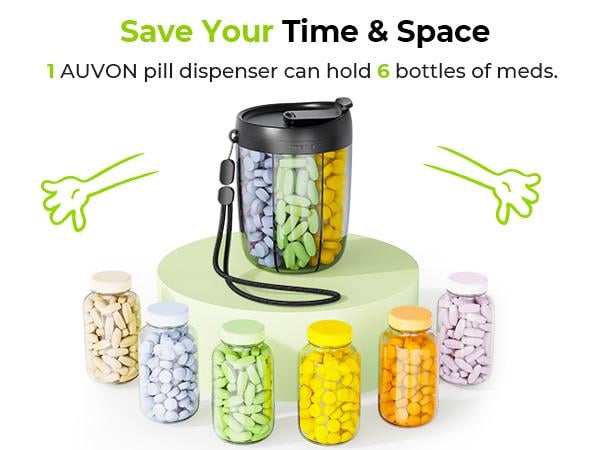 Product Introduction of 【Mother's Day】AUVON Pill Dispenser Bottle with 6 Compartments, Holds Lots of Supplement with Anti-Mixing&Wide Opening Design For Easy Use and Travel 1