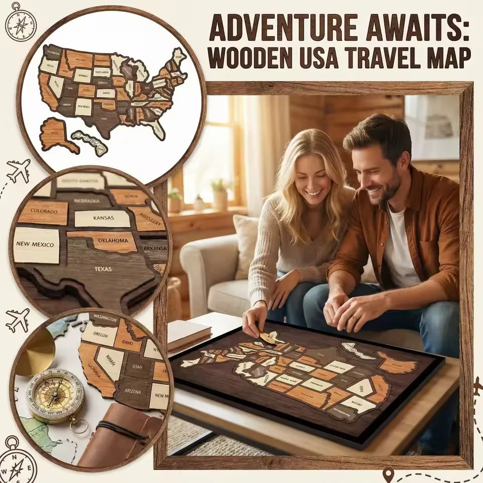 Handmade USA Wooden Travel Map Puzzle for Adventure Lovers