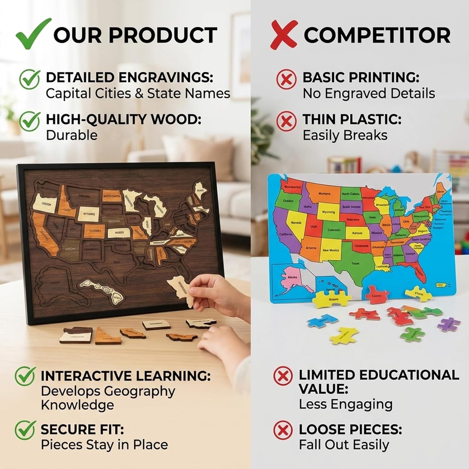 Handmade USA Wooden Travel Map Puzzle for Adventure Lovers
