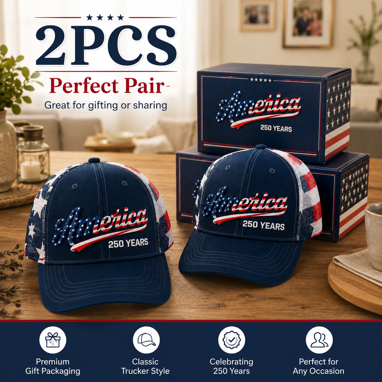 🔥July 4th Sale - ❤️ 🇺🇸 America 250 Years Patriotic Embroidered Mesh Trucker Cap