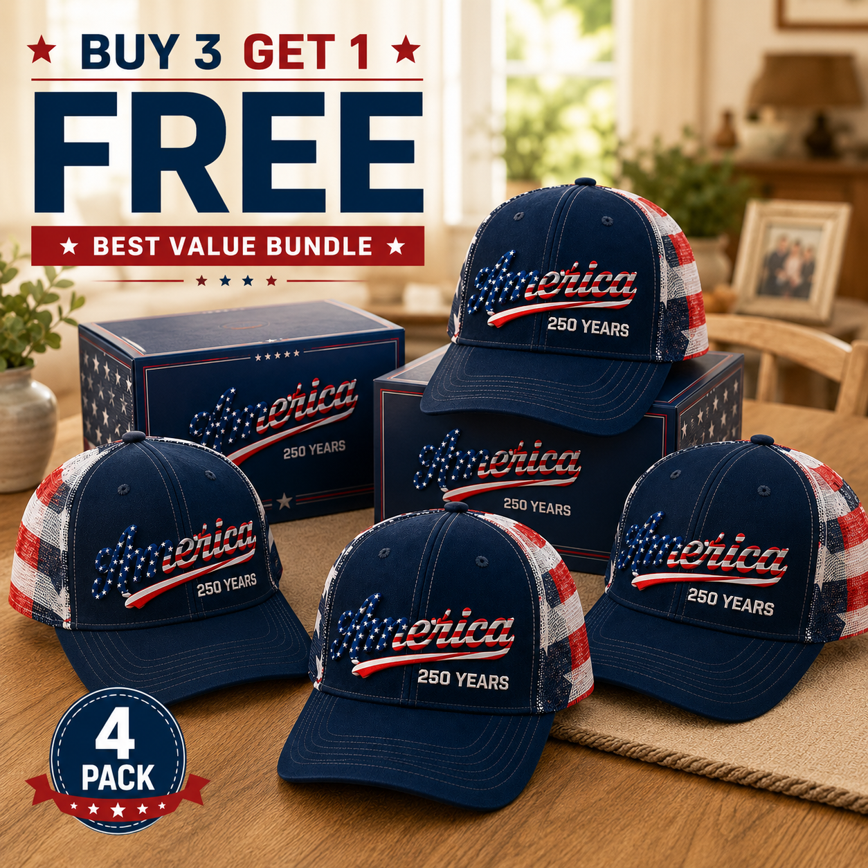 🔥July 4th Sale - ❤️ 🇺🇸 America 250 Years Patriotic Embroidered Mesh Trucker Cap