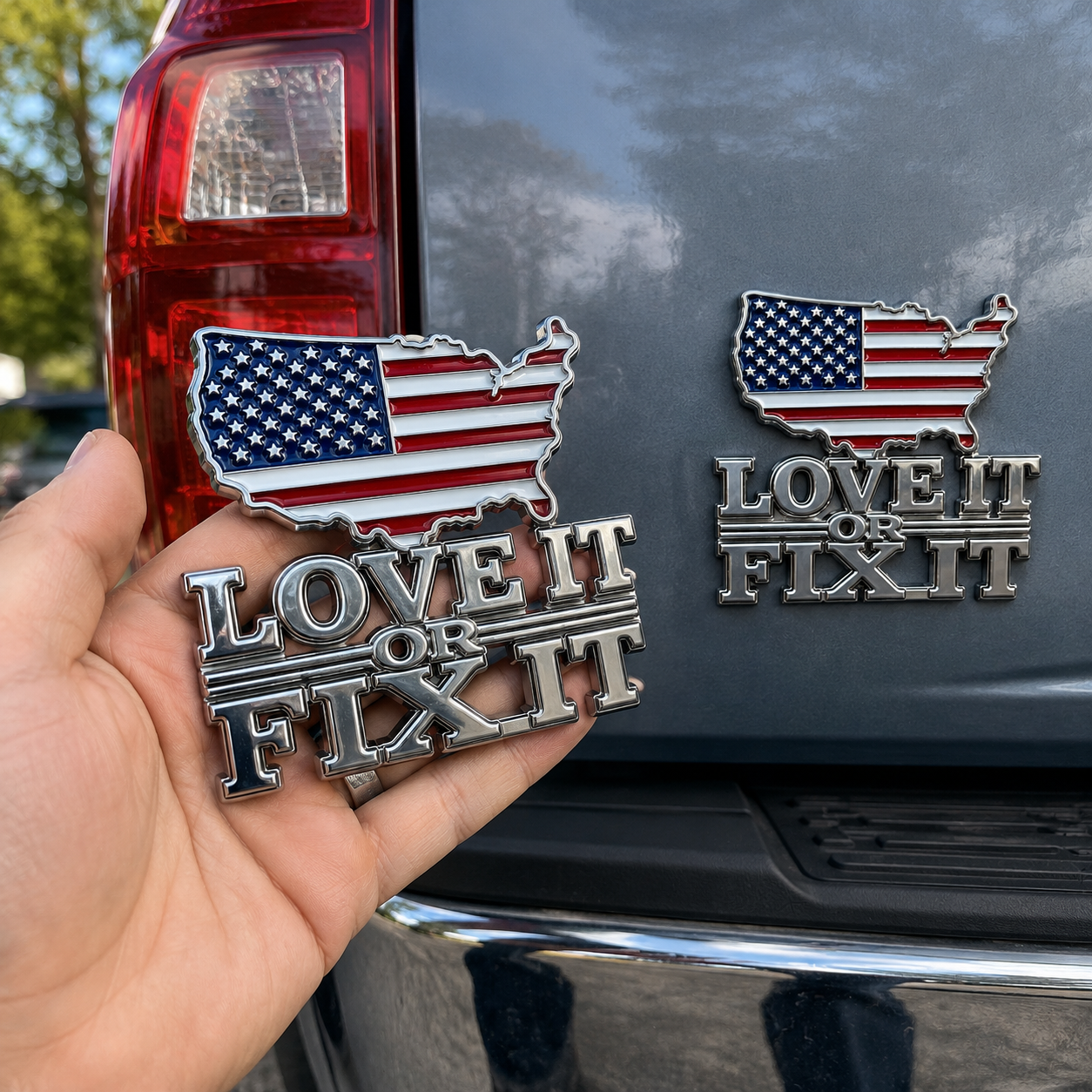 Love It or Fix It Patriotic USA Car Emblem