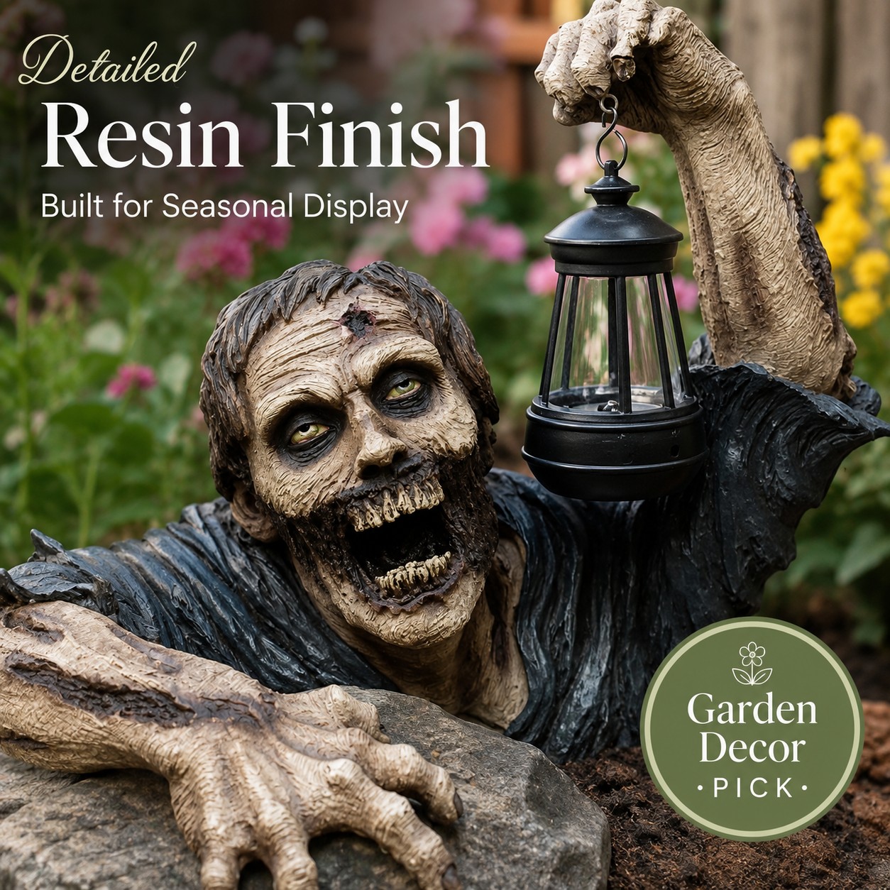 Spooky Lantern Zombie Garden Accent