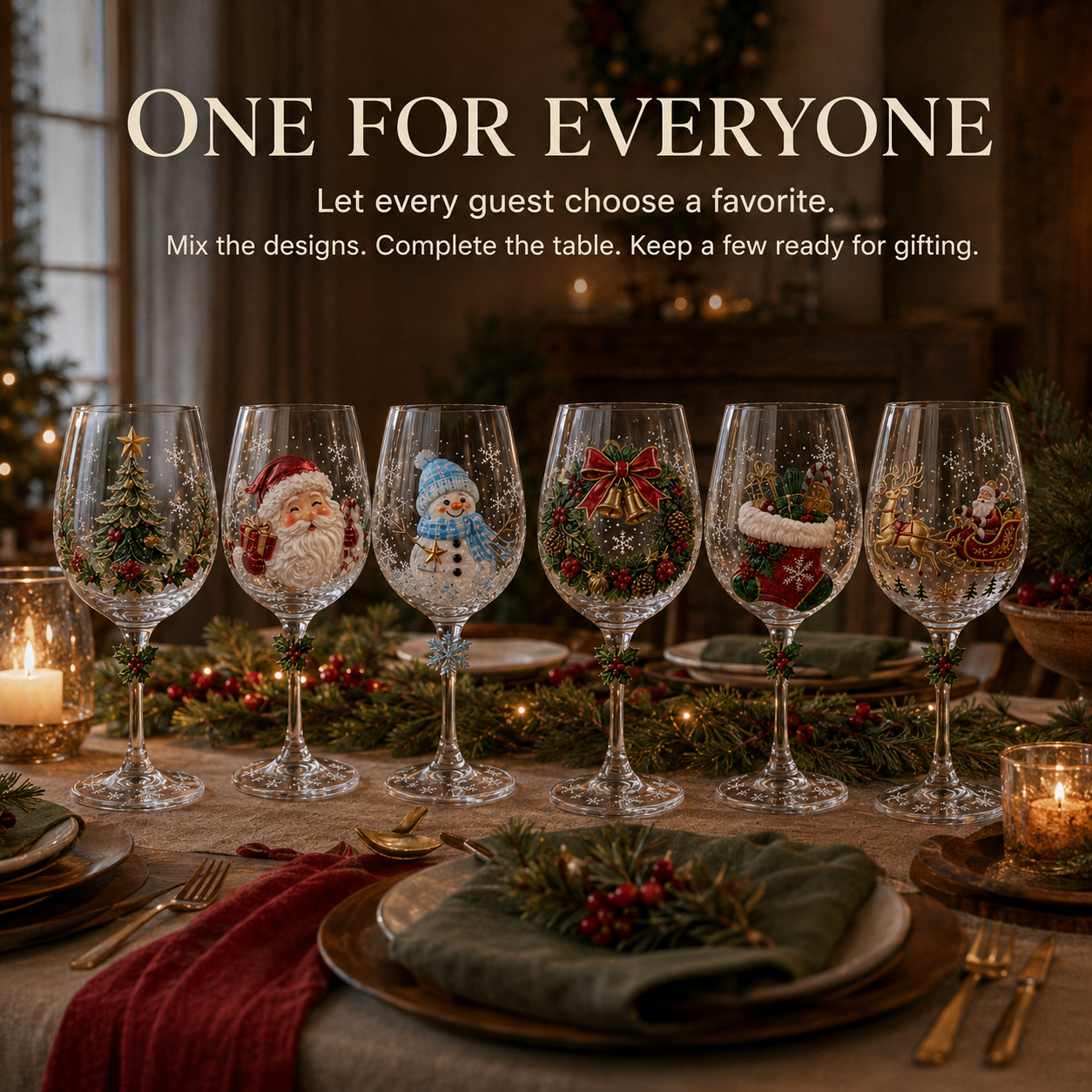Complete six piece Christmas wine glass collection
