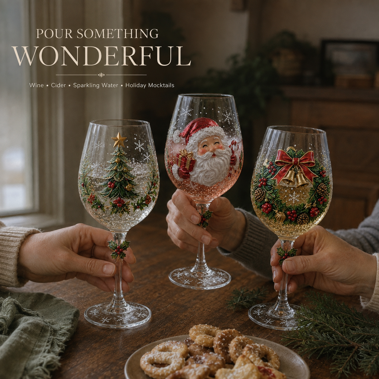 Friends celebrating Christmas with festive wine glasses