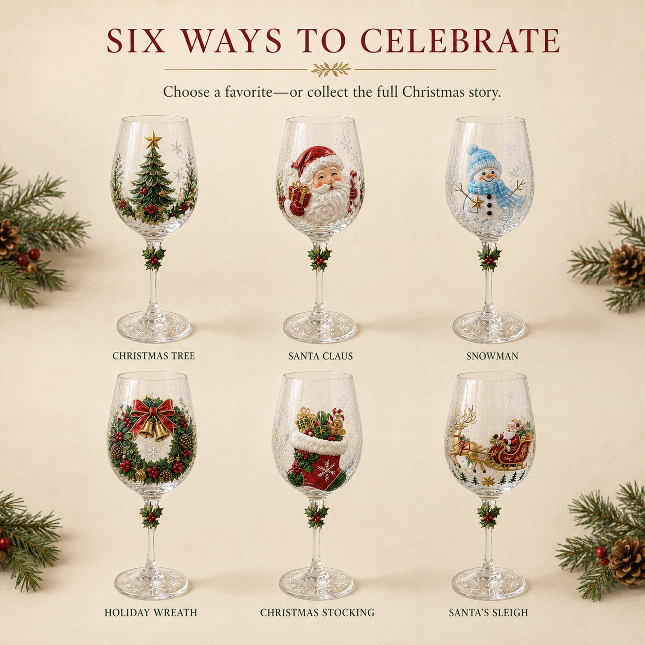 Six Christmas wine glass designs