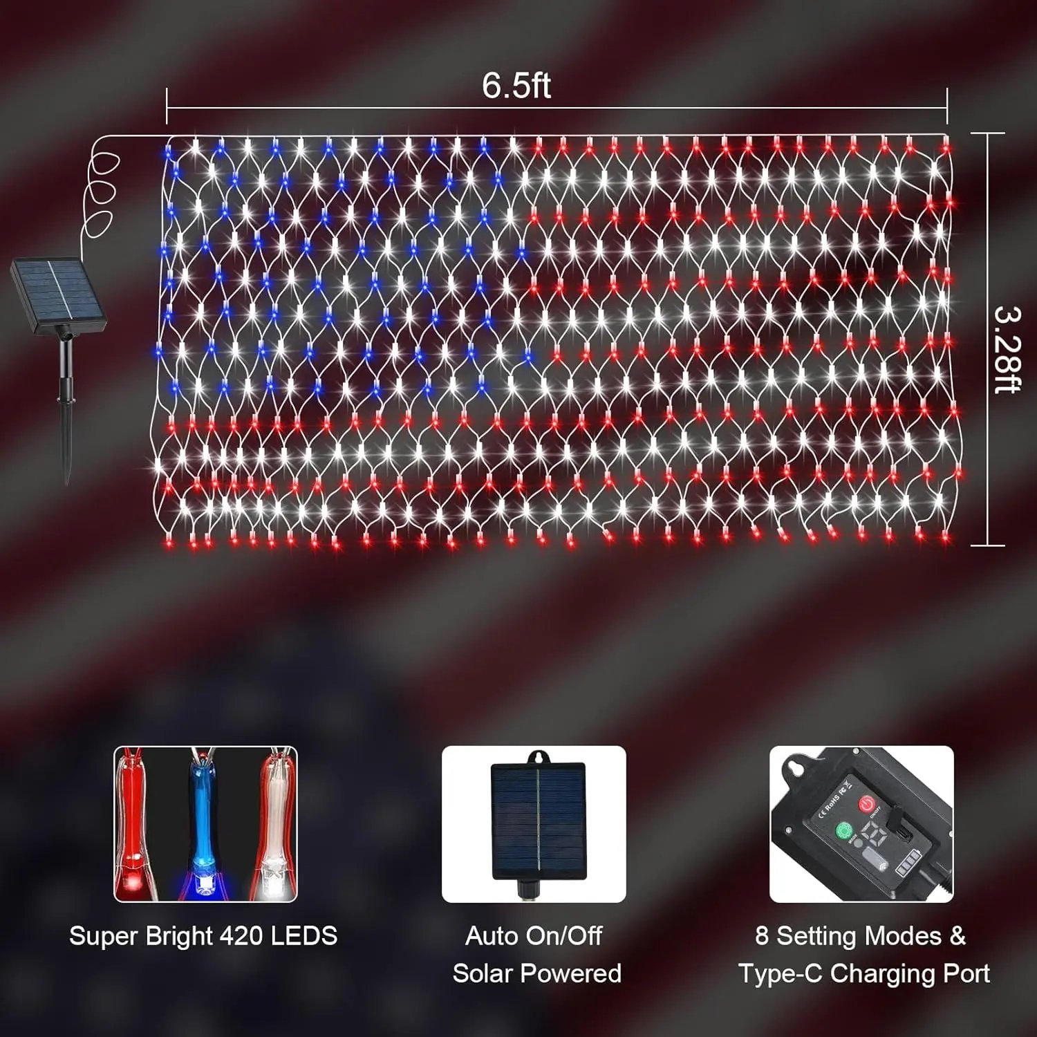 Solar LED American Flag Light for Outdoor Decor