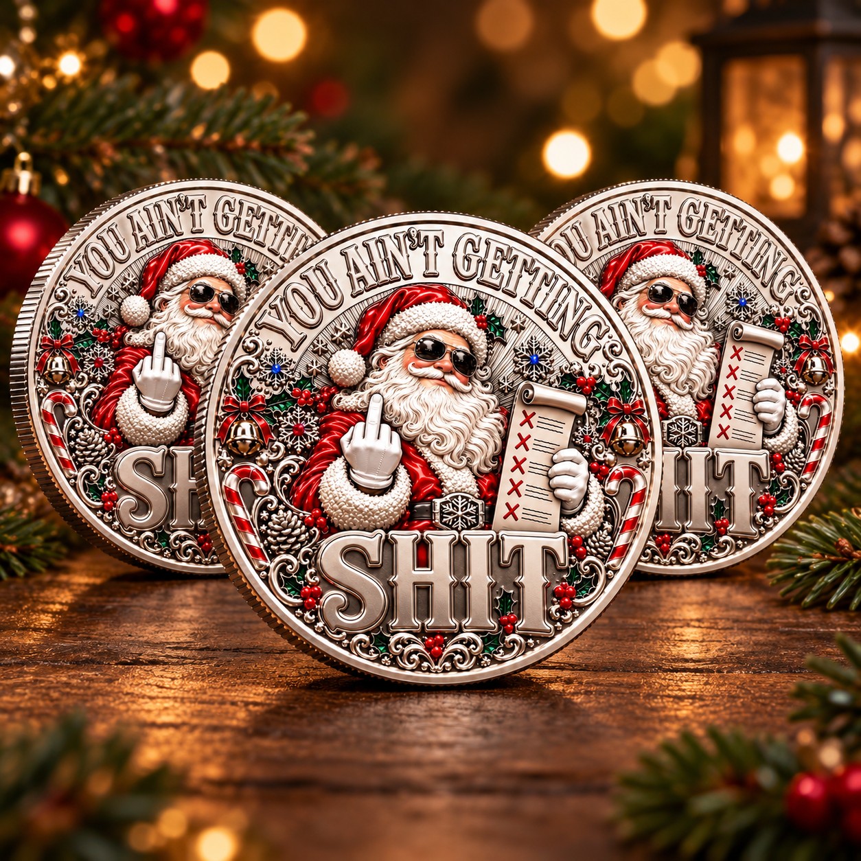 Several Santa novelty coins arranged in a warm Christmas setting