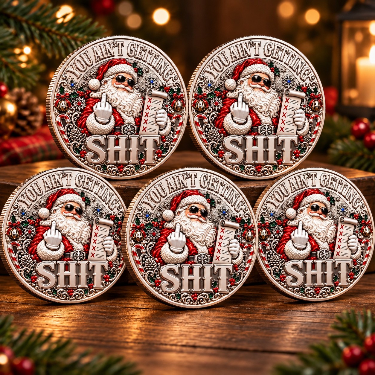 A group of five Santa’s Last Gift novelty coins for multiple gift recipients