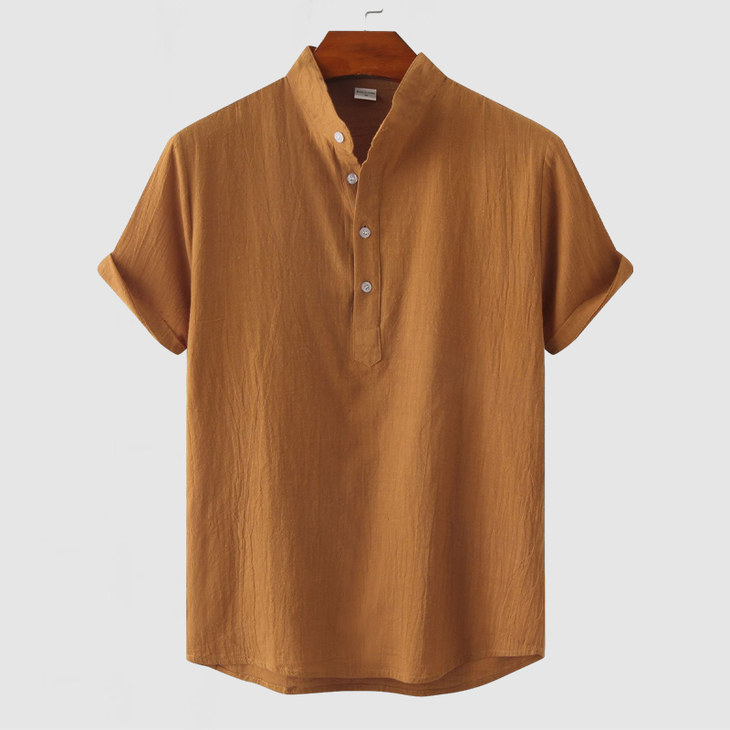 Men's Stand Collar Cotton Linen Short Sleeve Shirt