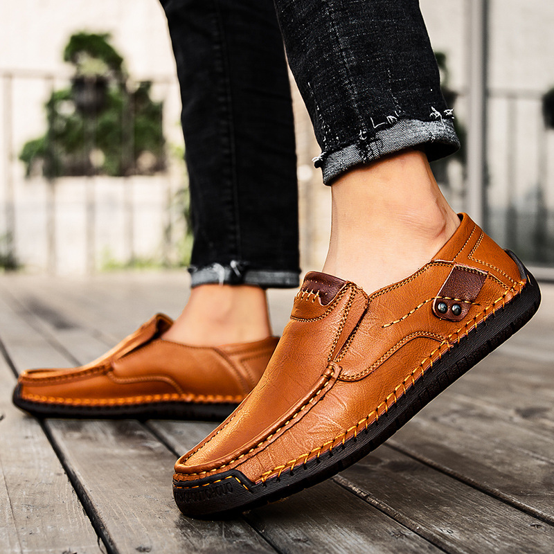 Men's Spliced ??Two-Layer Leather Casual Loafers, Breathable, Wear-Resistant And Non-Slip Slip-On Shoes Suitable For Outdoor Walking And Driving