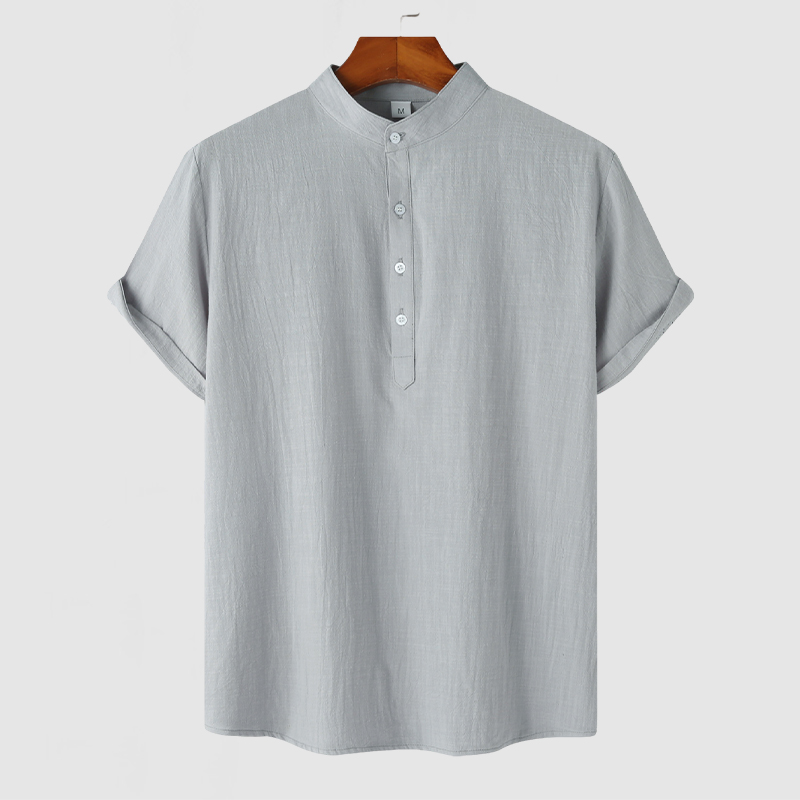 Men's Stand Collar Cotton Linen Short Sleeve Shirt