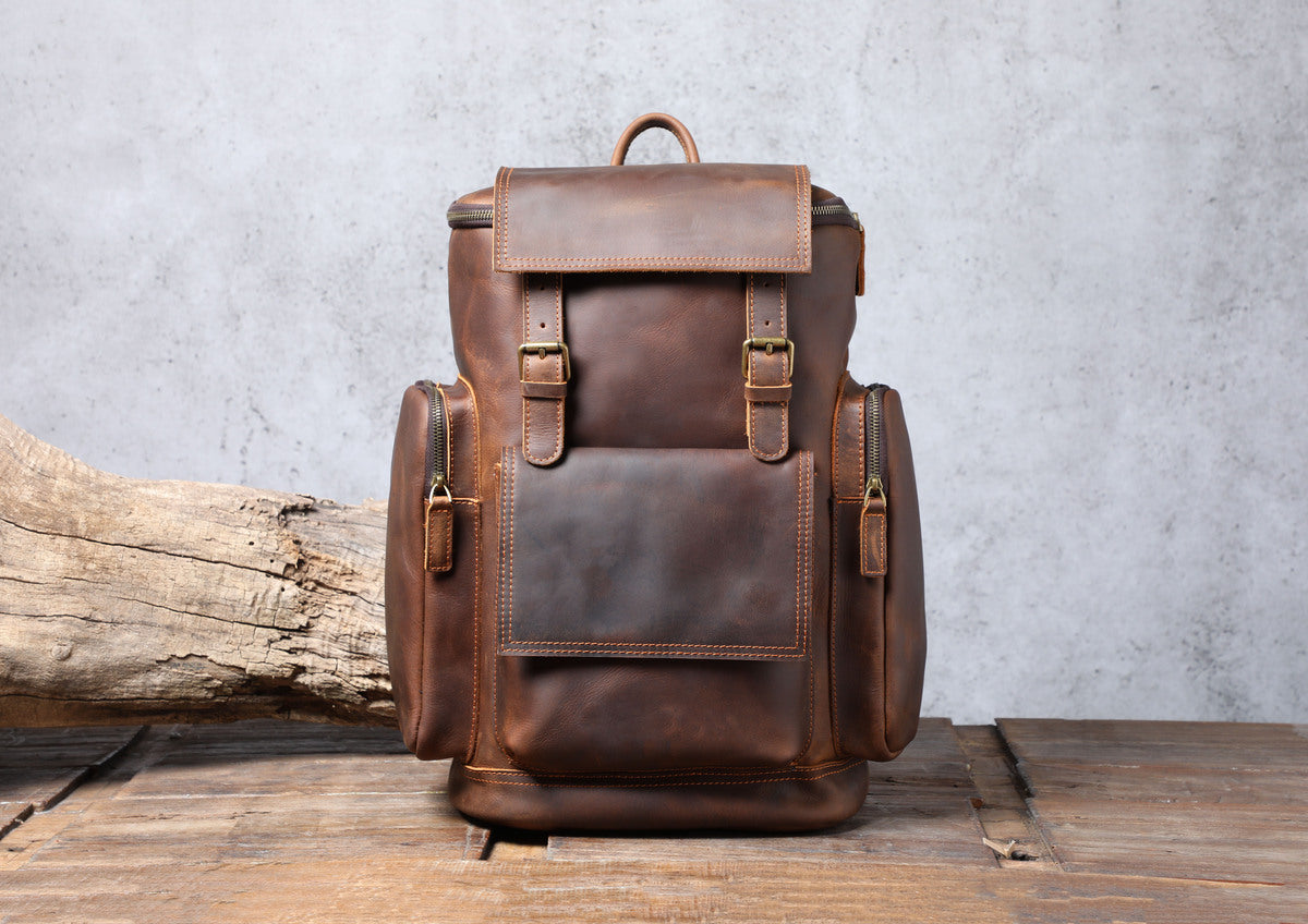 real leather carry on backpack laptop bag with sturdy stitching and webbing