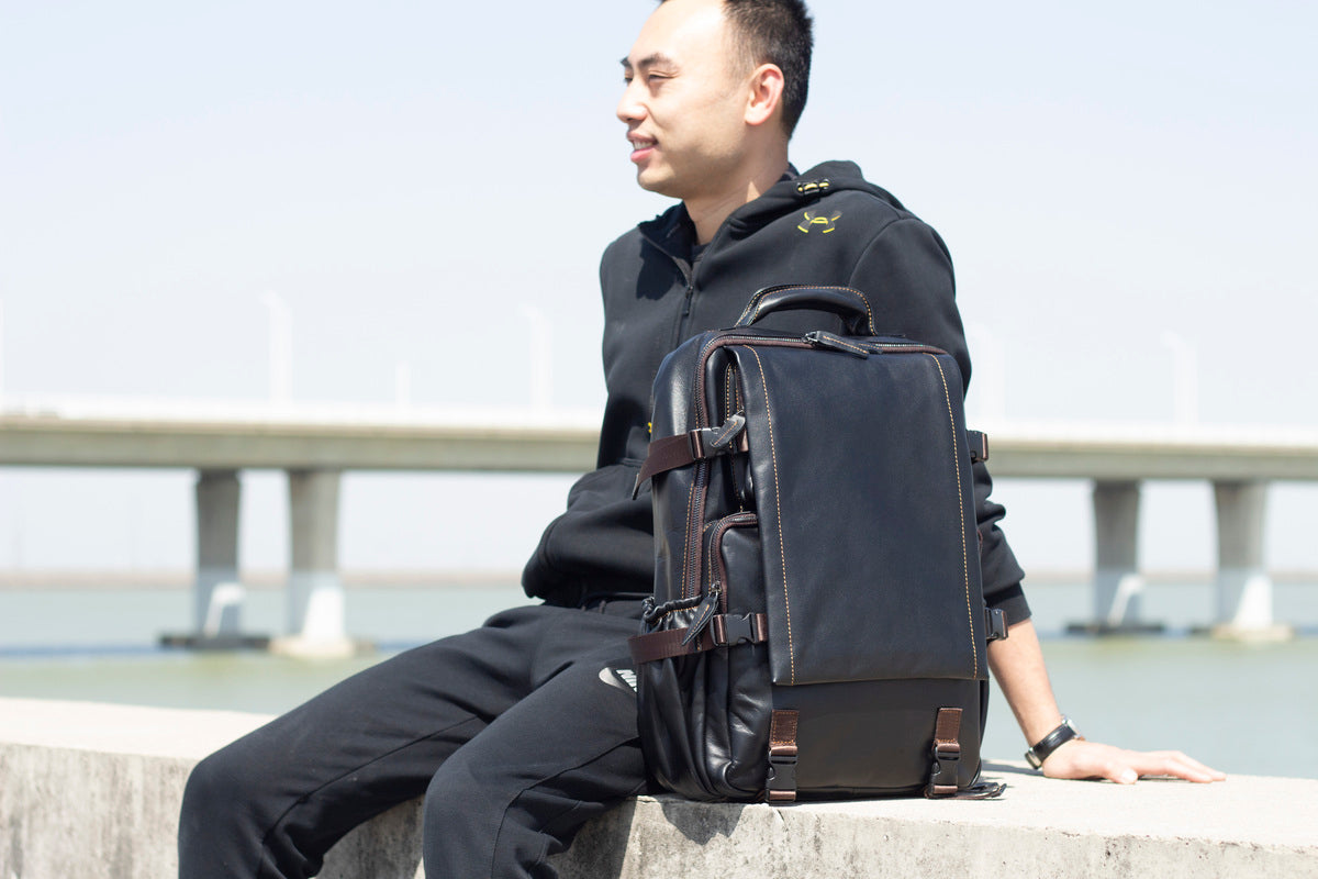 black leather work backpack