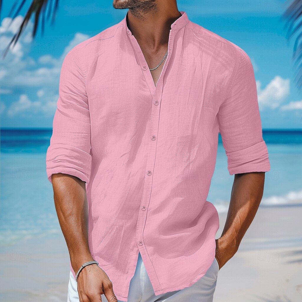 Men's Shirt Band Collar Shirt Summer Shirt Beach Shirt Button Up Shirt Plain Vacation Curise White Pink Navy Blue Blue Long Sleeve Band Collar Spring & Summer Clothing Apparel 2025 - $25.99 &ndash;P2