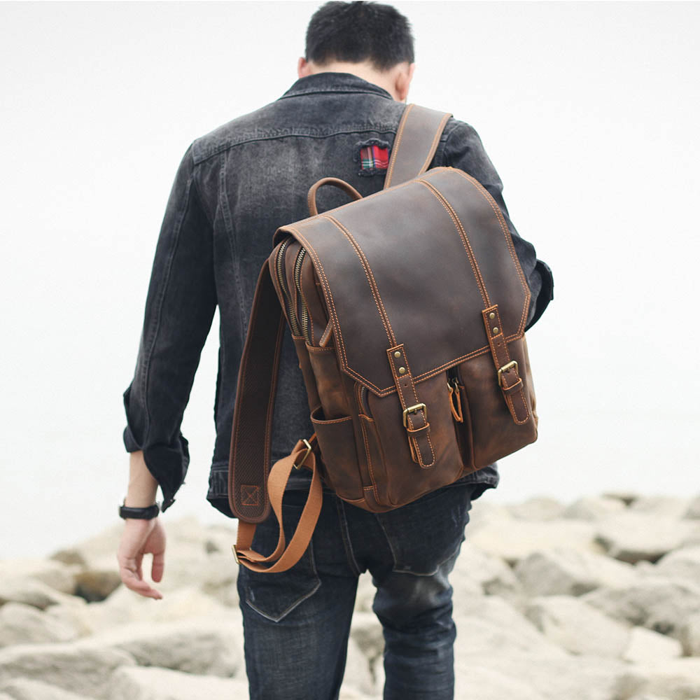brown leather backpack