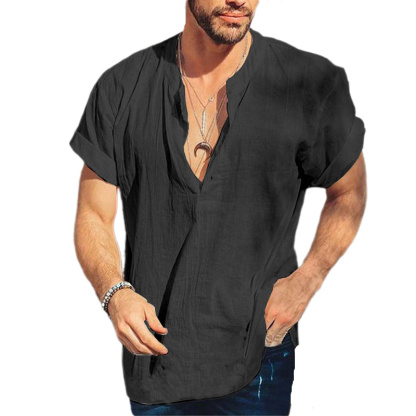 Chemise en lin à col rond et manches courtes pour homme