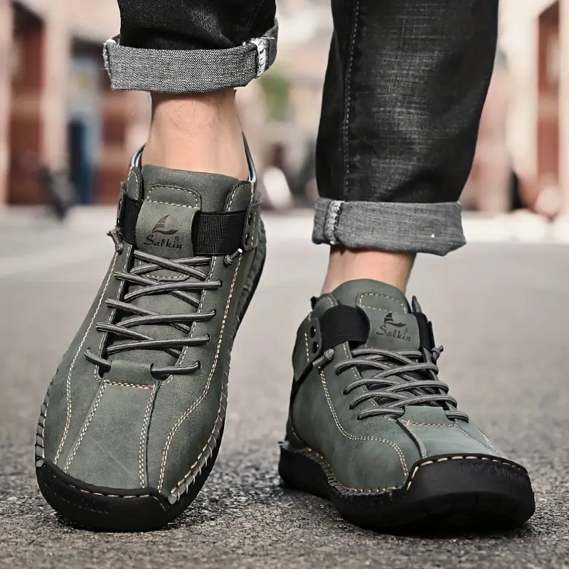 Men's Plus Size Handmade Stitching Casual Boots - Olive Green, Durable Synthetic Upper & Rubber Sole, Comfortable Outdoor & Hiking Shoes with Hook-and-Loop Closure, Hiking Boots details 1