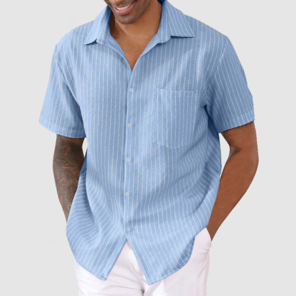 Chemise courte à manches pour homme en coton et lin rayée décontractée