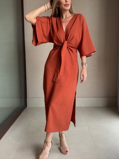 Robe décontractée à lacets en coton et lin à col en V