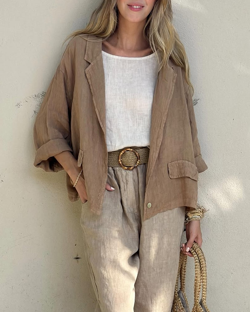 Ensemble deux pièces décontracté avec chemise à col rabattu et pantalon (sans ceinture)