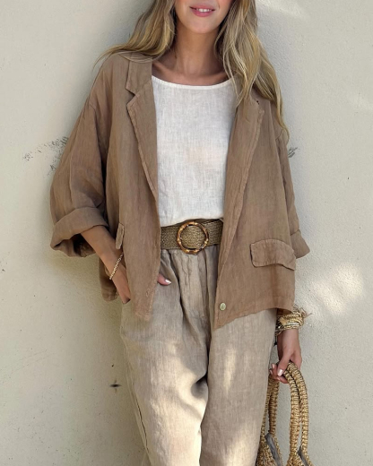 Ensemble deux pièces décontracté avec chemise à col rabattu et pantalon (sans ceinture)