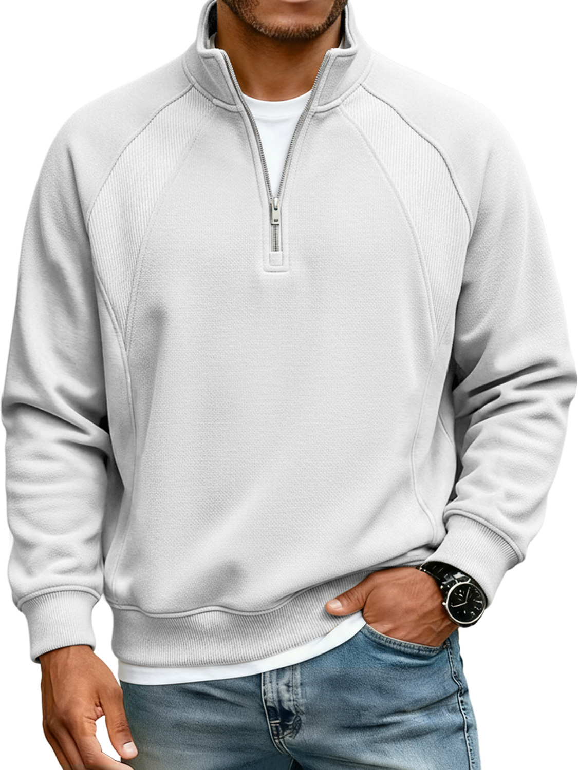 Men's Simple Raglan Stitching Stand Collar Zipper Casual Loose Sweatshirt