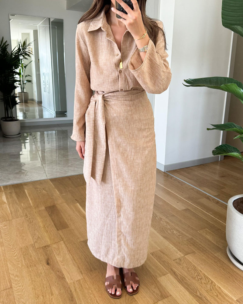 Ensemble deux pièces chemise à revers décontractée et jupe à lacets