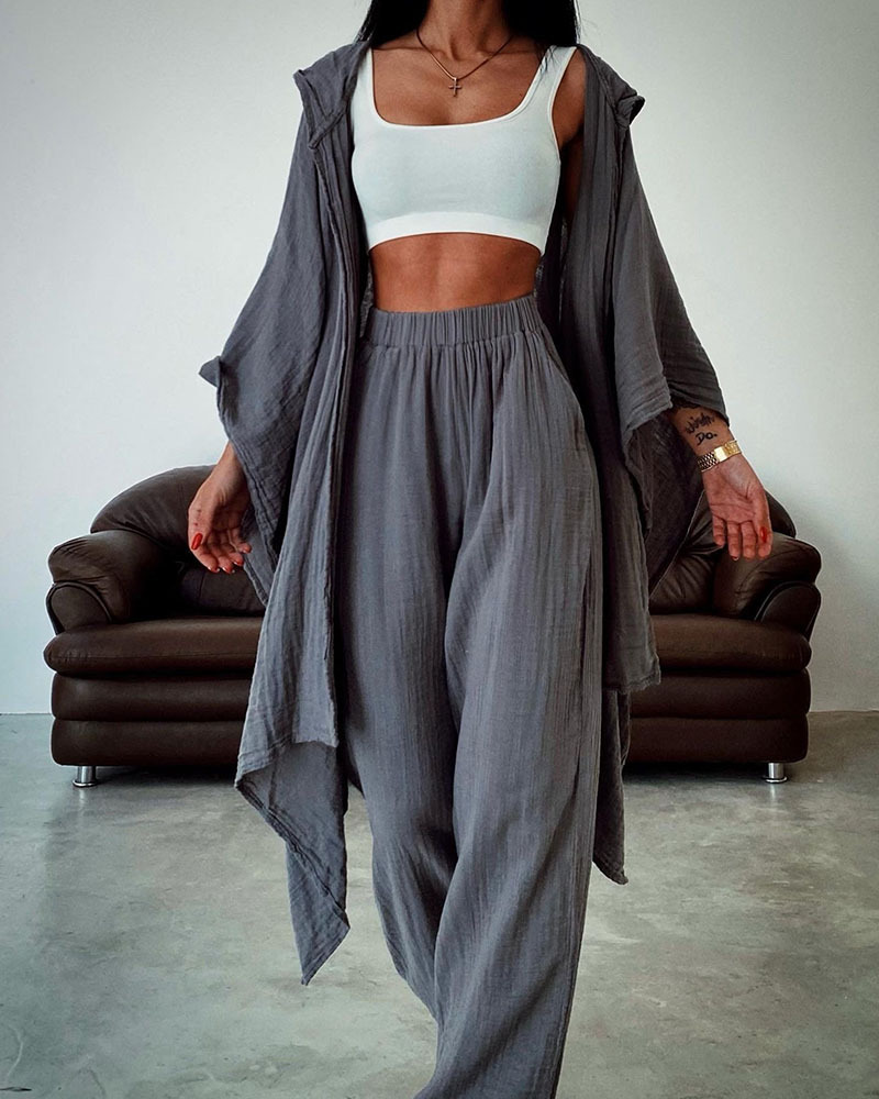 Ensemble deux pièces cardigan à capuche chic en coton et lin