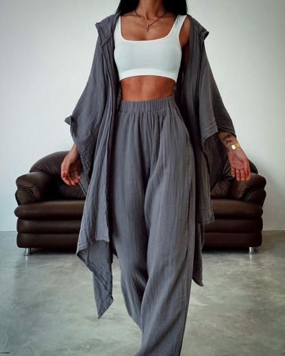 Ensemble deux pièces cardigan à capuche chic en coton et lin