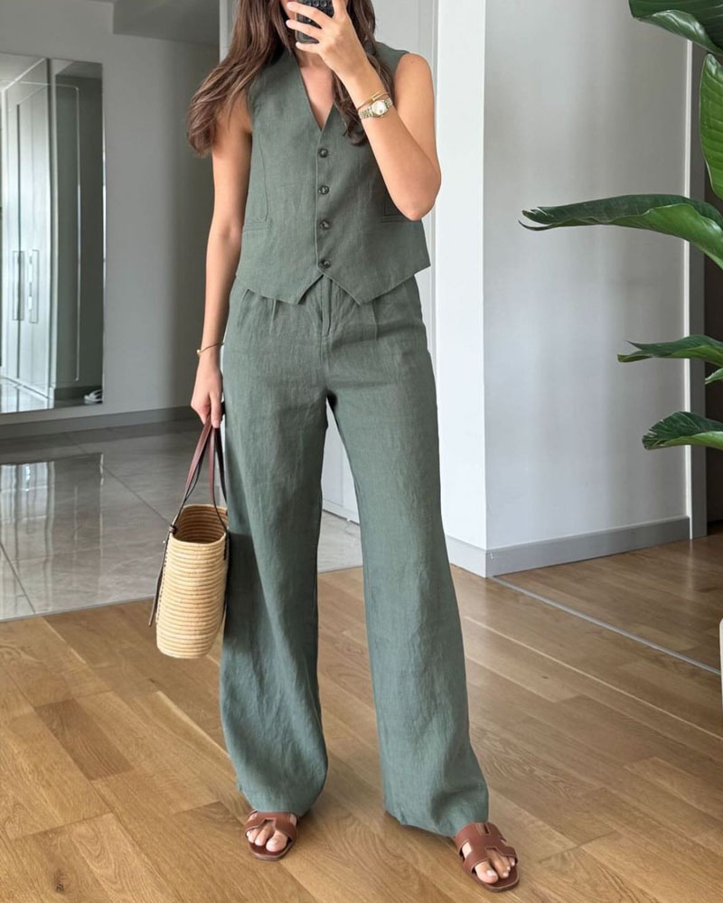 Ensemble deux pièces décontracté : gilet uni et pantalon