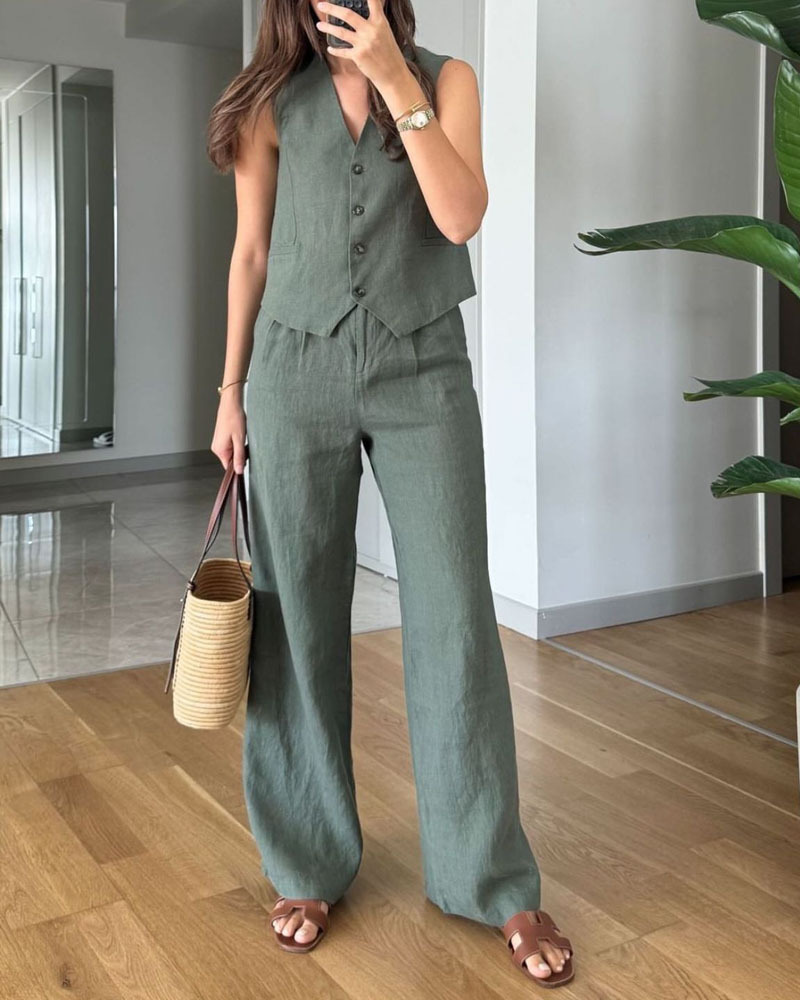 Ensemble deux pièces décontracté : gilet uni et pantalon