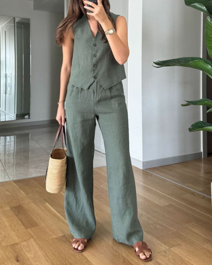 Ensemble deux pièces décontracté : gilet uni et pantalon